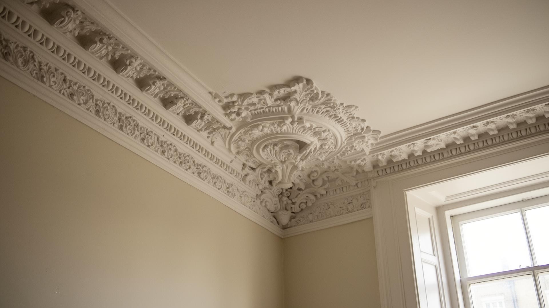 Ornate Victorian plaster cornice and decorative ceiling rose detail in a period UK living room