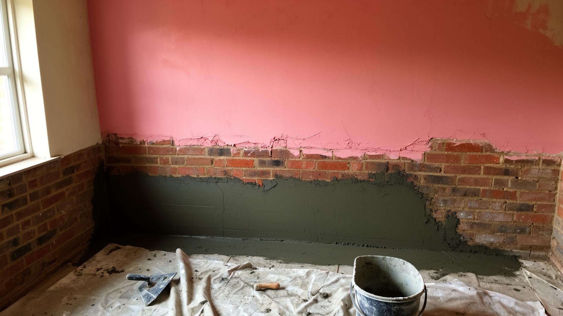Damp-proofed internal wall with tanking slurry over bare brick beneath fresh pink plaster, ready for finishing