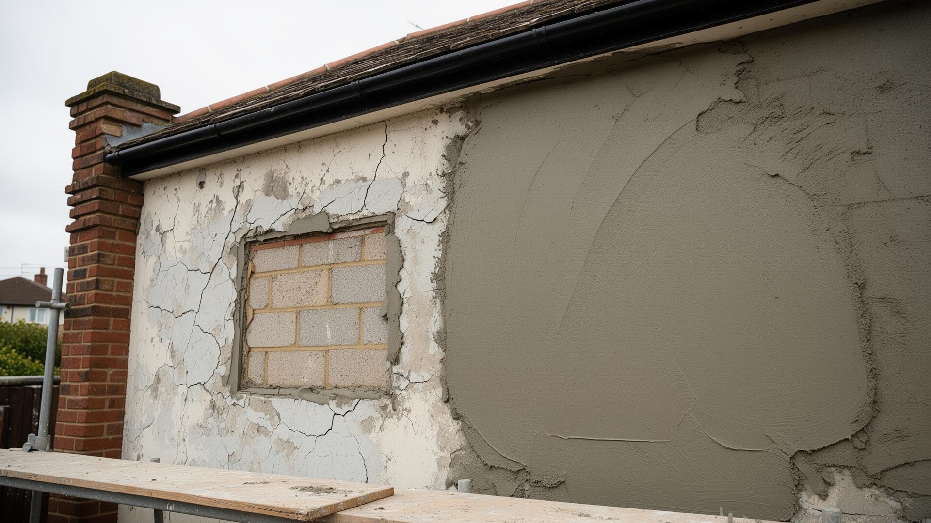 External render repair on a UK home with cracked blown render cut out and fresh sand-and-cement render feathered in