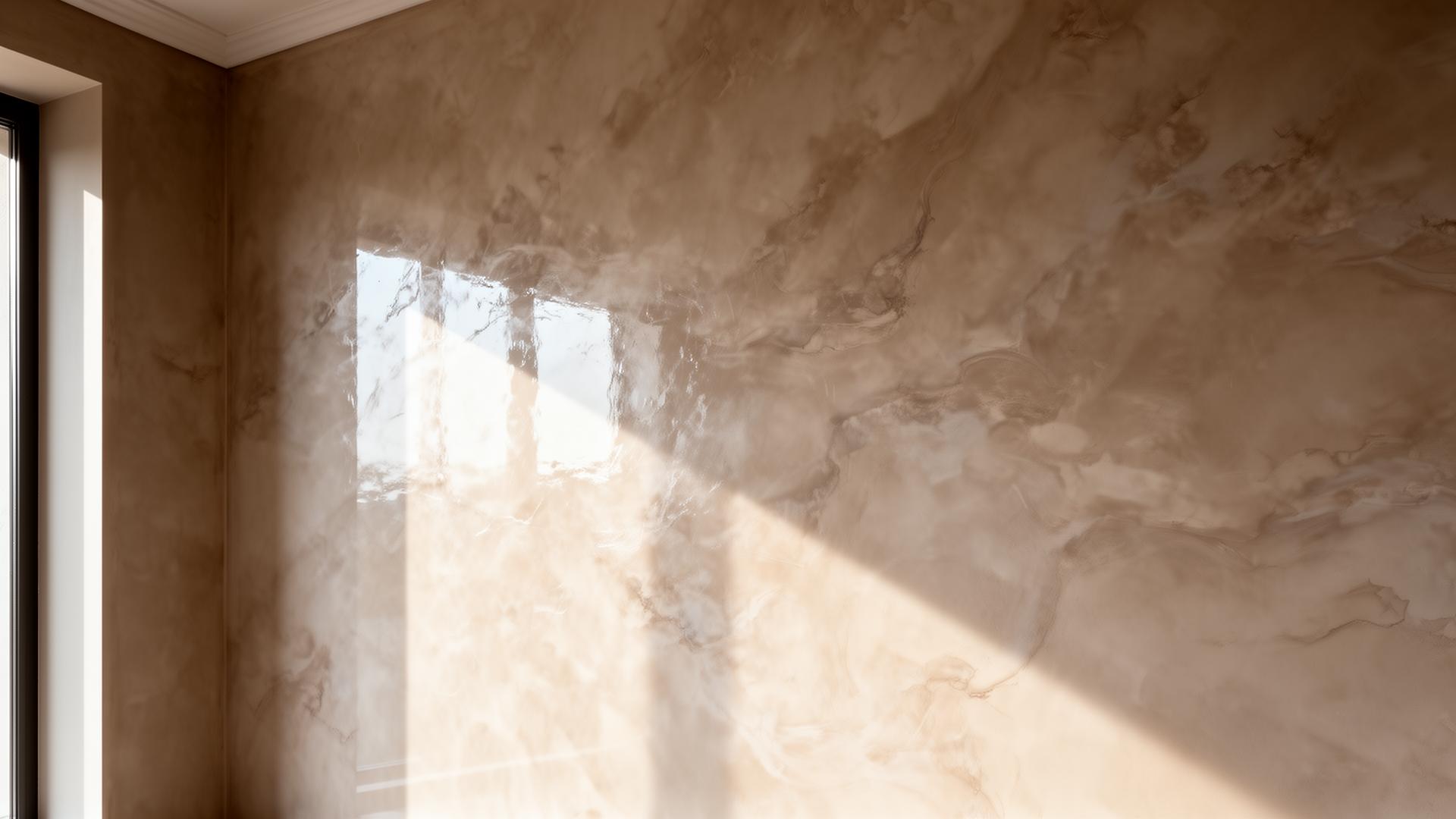 Polished Venetian Marmorino plaster feature wall with soft marble-like movement and hand-burnished sheen